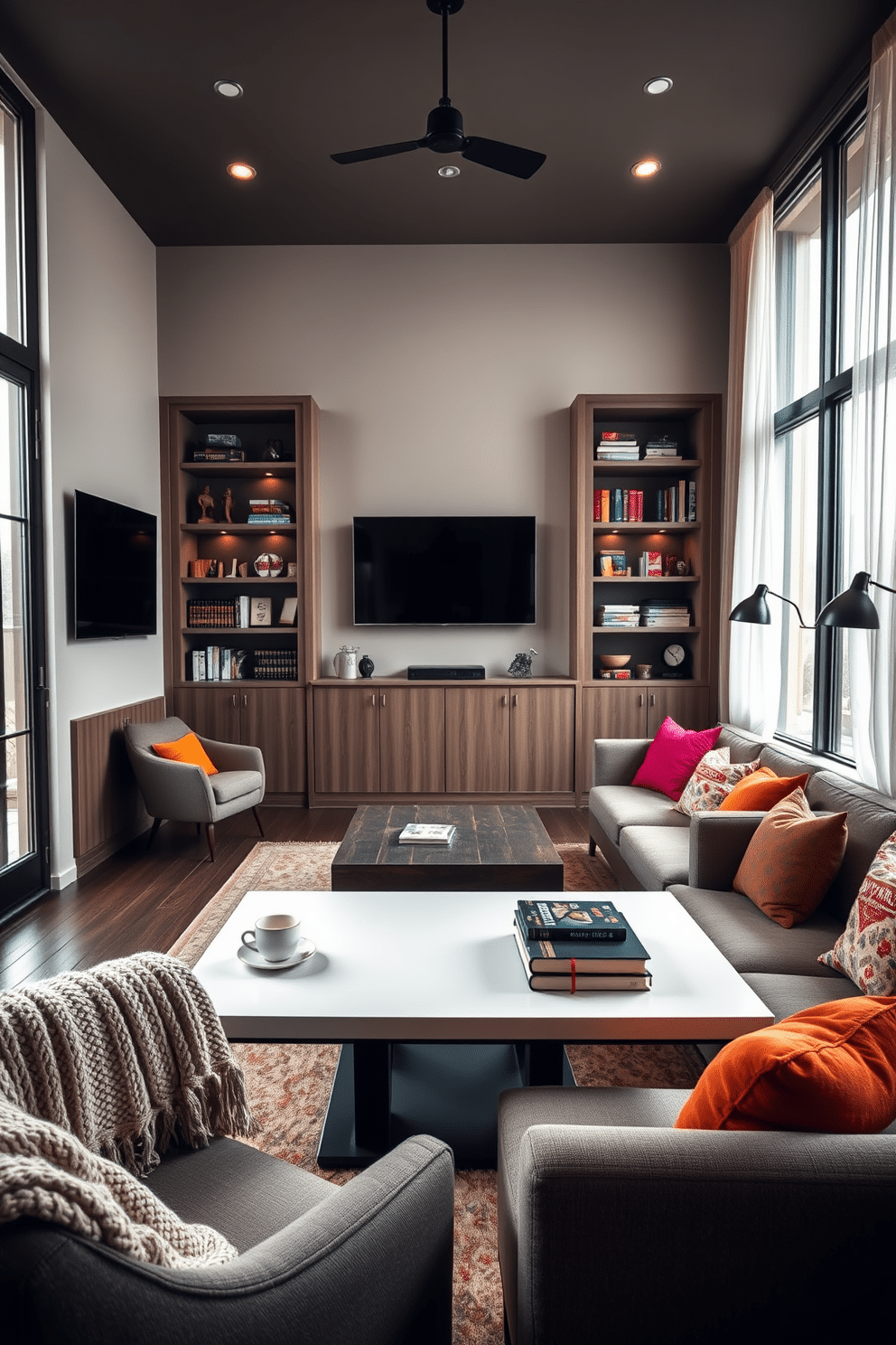 Cozy reading nook for downtime. A plush armchair is nestled in the corner, draped with a soft, knitted throw blanket. A small side table holds a steaming cup of tea and a stack of well-loved books. Large windows let in natural light, framed by sheer curtains that gently sway in the breeze. Large Game Room Design Ideas. The space features a sectional sofa with vibrant cushions, positioned around a sleek coffee table. A wall-mounted flat-screen TV is flanked by built-in shelves filled with games and collectibles. A pool table occupies the center, surrounded by stylish bar stools and ambient lighting that sets a fun atmosphere.