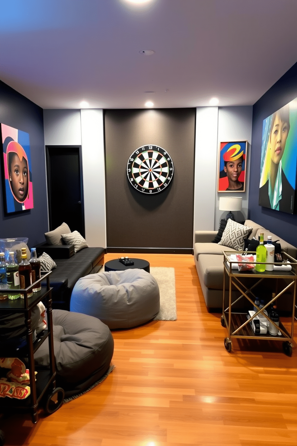 A spacious game room designed for entertainment features a large dartboard mounted on a feature wall, surrounded by vibrant artwork that adds energy to the space. Comfortable seating arrangements, including a sectional sofa and bean bags, create an inviting atmosphere for friendly competition and gatherings. The flooring is a sleek hardwood, providing a warm contrast to the modern decor, while soft, ambient lighting enhances the playful vibe of the room. A stylish bar cart stocked with drinks and snacks sits in one corner, making it easy to serve guests during game nights.