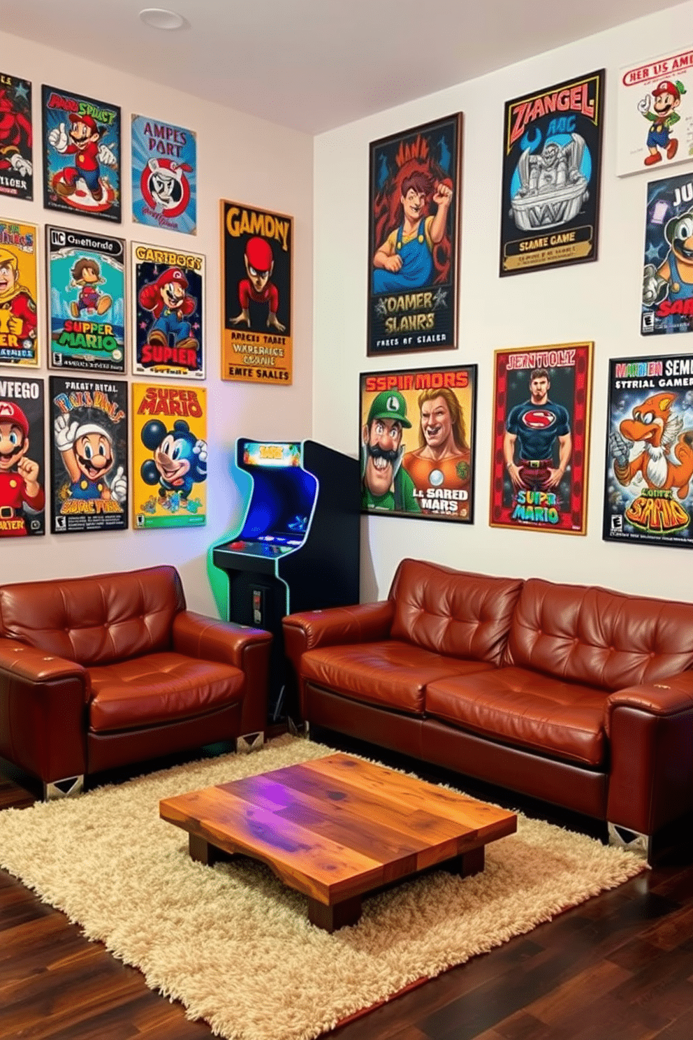 A vibrant game room filled with vintage gaming posters as wall art, showcasing iconic characters and classic game covers. The room features a comfortable sectional sofa in a rich leather, paired with a sleek coffee table made from reclaimed wood. In one corner, a retro arcade machine stands proudly, illuminated by colorful LED lights. The flooring is a dark hardwood, complemented by a plush area rug that adds warmth and texture to the space.