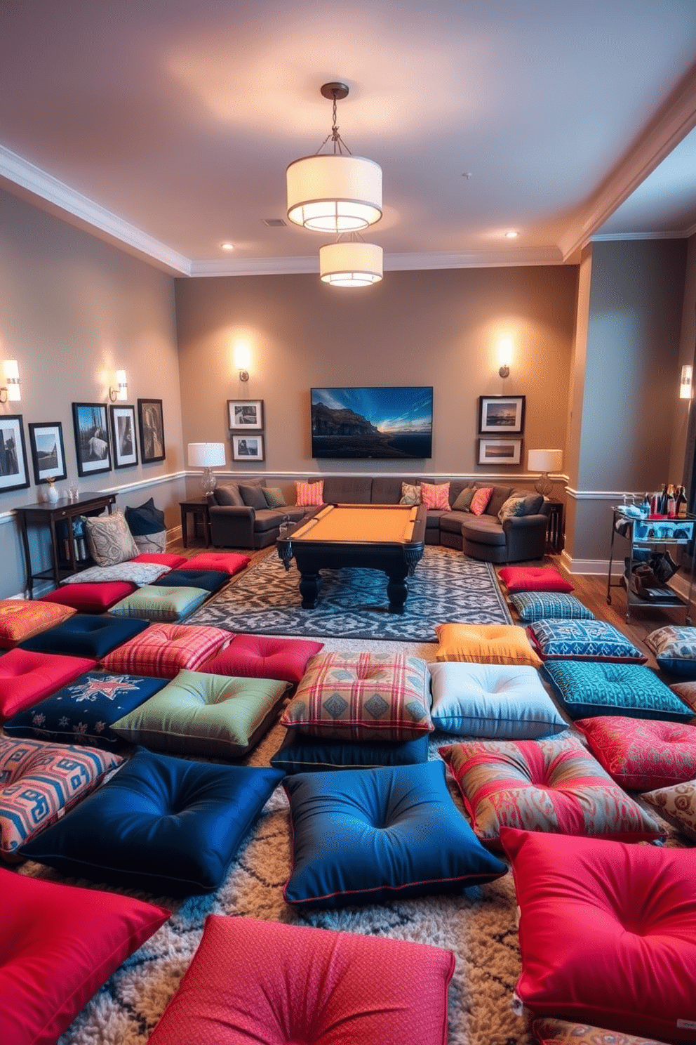 A spacious game room filled with vibrant floor cushions in various colors and patterns, providing casual seating options for guests. The room features a large sectional sofa, a pool table in the center, and walls adorned with framed artwork, creating an inviting atmosphere for entertainment. Soft lighting fixtures hang from the ceiling, casting a warm glow over the space, while a plush area rug anchors the seating arrangement. In one corner, a bar cart stocked with drinks and snacks adds a touch of sophistication to this playful environment.