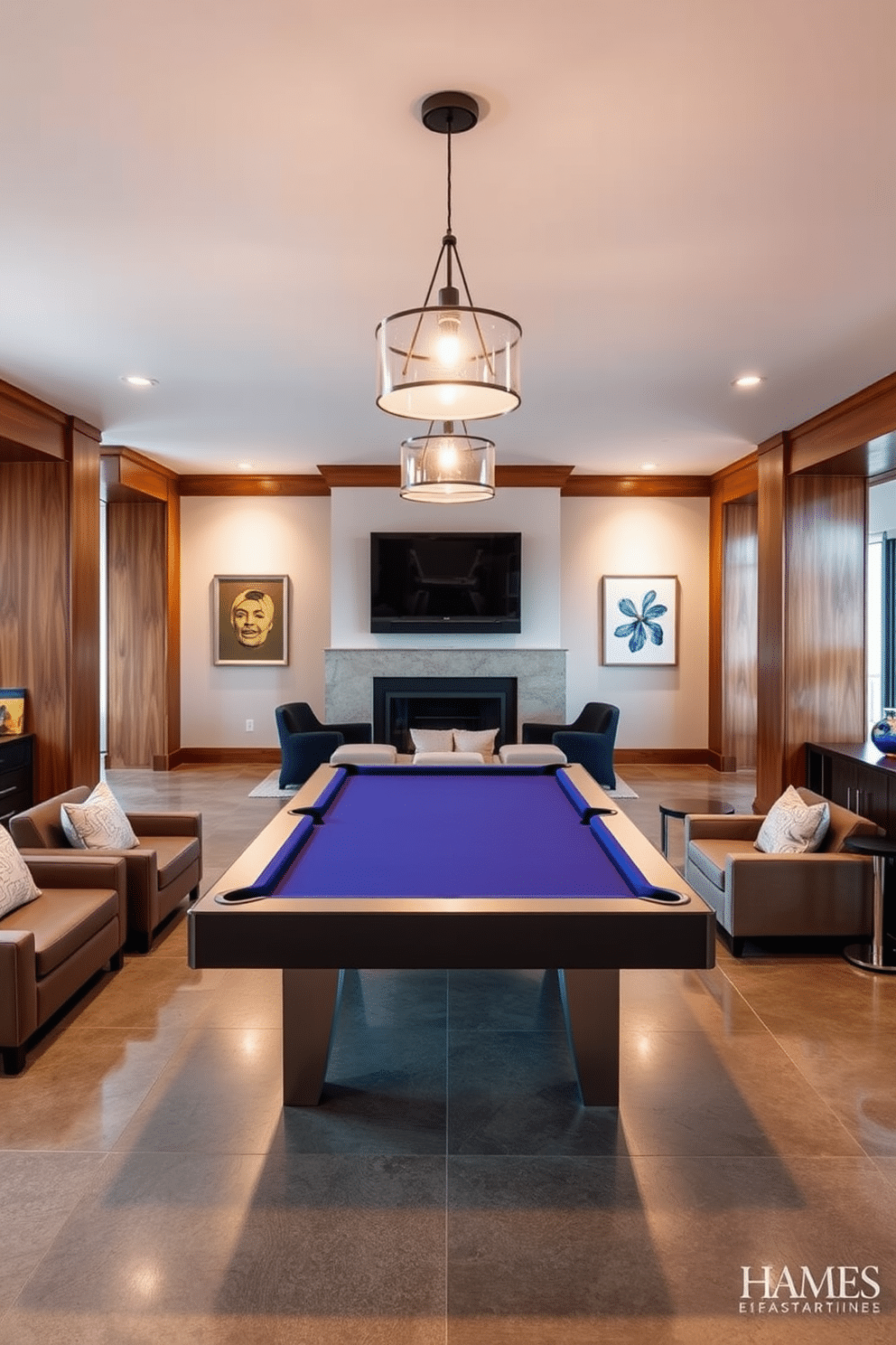 A spacious game room features a sleek pool table at its center, surrounded by plush seating for an inviting atmosphere. Above, stylish pendant lighting fixtures with a modern design cast a warm glow, enhancing the room's vibrant energy. The walls are adorned with contemporary artwork, adding a touch of personality to the space. Rich wooden accents and a polished concrete floor create a sophisticated yet casual vibe, perfect for entertaining friends and family.