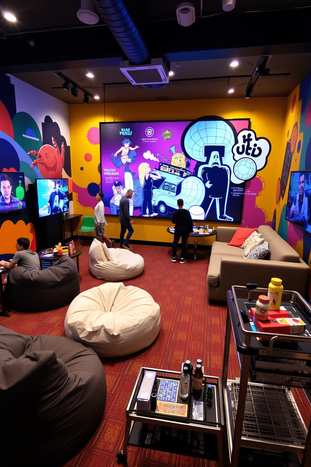 A vibrant game room designed for social interaction features a large interactive wall art installation that invites guests to participate and engage. The space is filled with comfortable seating arrangements, including oversized bean bags and a sectional sofa, creating a cozy atmosphere for gaming and relaxation. The walls are adorned with colorful murals and digital displays that showcase changing artwork, enhancing the playful vibe of the room. A dedicated area for board games and a sleek bar cart stocked with refreshments complete the inviting environment, making it perfect for gatherings.