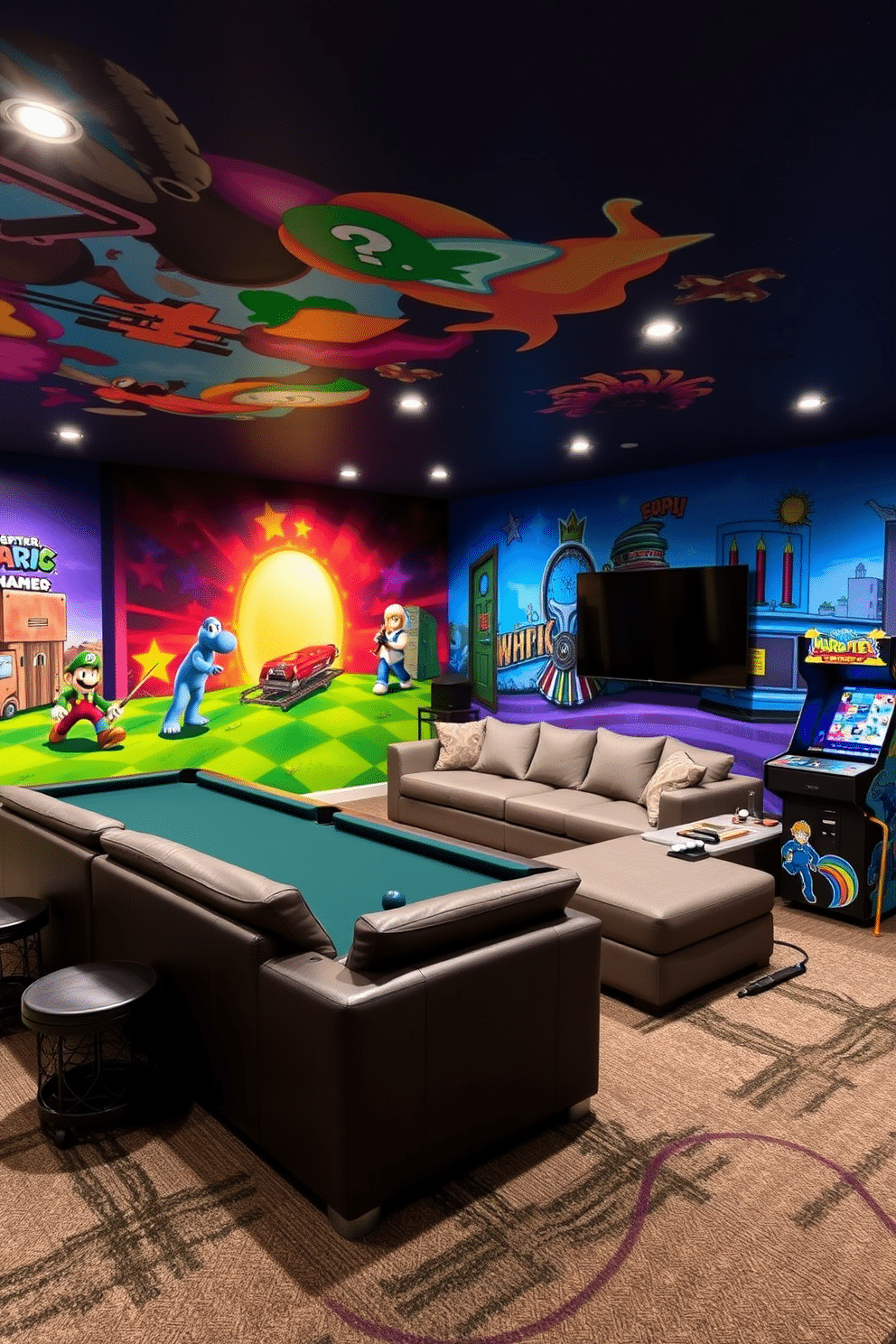 A spacious game room featuring vibrant murals depicting iconic video game scenes on the walls. The room is equipped with a large sectional sofa, a pool table, and an arcade machine, all arranged for optimal entertainment and comfort.