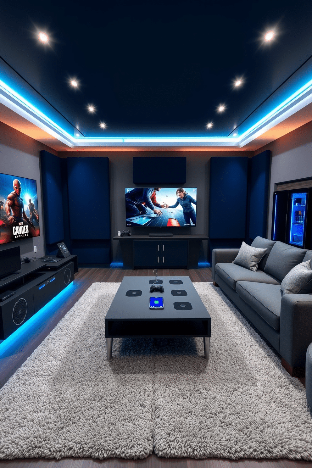 A modern game room featuring smart home integration for convenience. The space includes a large sectional sofa with built-in speakers, a sleek coffee table with wireless charging pads, and ambient LED lighting that adjusts with voice commands. The walls are adorned with soundproof panels in a rich navy blue, while the floor is covered with a plush area rug for comfort. A wall-mounted screen displays gaming visuals, and a mini-fridge is tucked away in a stylish cabinet for easy access to refreshments.