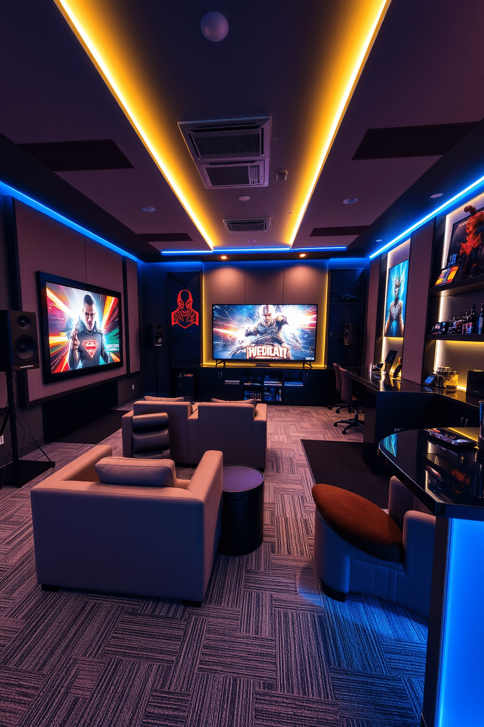 A spacious game room featuring an integrated sound system for immersive audio experiences. The room is equipped with plush seating arrangements, a large screen for gaming, and acoustic panels on the walls to enhance sound quality. The decor includes vibrant artwork and gaming memorabilia displayed on shelves, creating an energetic atmosphere. Soft LED lighting accents the space, while a stylish bar area offers refreshments for an entertaining experience.