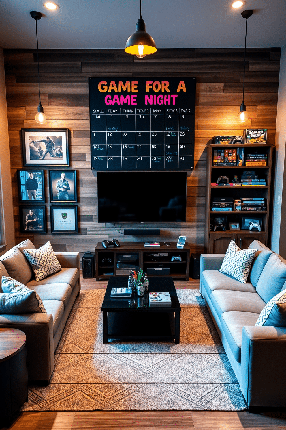 A personalized game night calendar display is mounted on a rustic wooden wall, featuring a chalkboard with colorful chalk markers for easy updates. Surrounding the calendar are framed photos of past game nights, creating a nostalgic atmosphere. The large game room boasts a spacious layout with plush sectional sofas arranged around a sleek coffee table, perfect for casual gatherings. A dedicated gaming corner features a wall-mounted flat-screen TV, surrounded by shelves filled with board games and gaming consoles, all illuminated by warm pendant lighting.