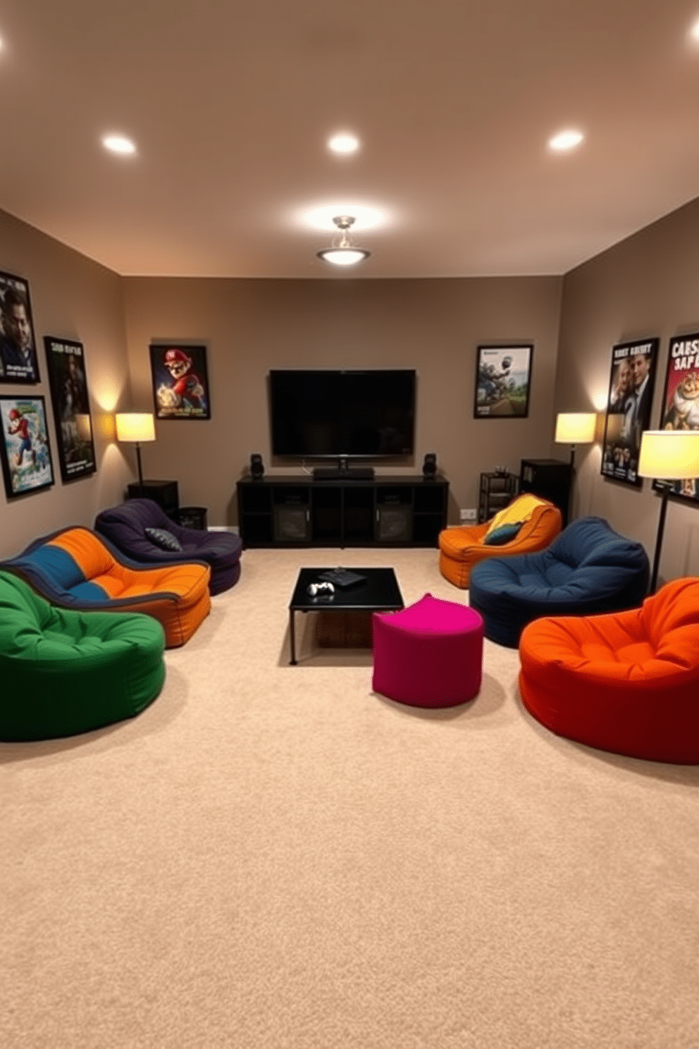 A spacious game room featuring comfortable bean bags in vibrant colors, arranged in a cozy circle around a low coffee table. The walls are decorated with framed posters of classic video games, and a large flat-screen TV is mounted above a sleek entertainment unit. The flooring is a soft, plush carpet in a neutral tone, enhancing the inviting atmosphere. Ambient lighting is provided by stylish floor lamps, creating a warm and welcoming environment for friends and family to gather and enjoy gaming sessions.