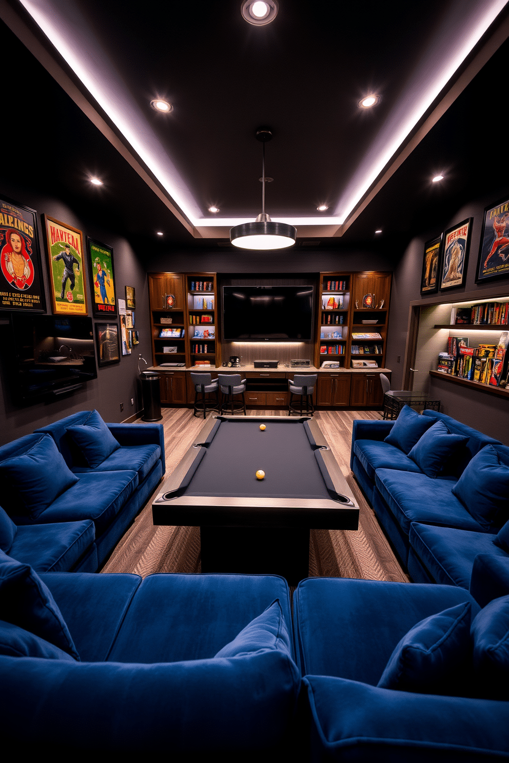 A spacious game room designed for entertainment and relaxation, featuring plush sectional sofas in deep blue and a sleek pool table at the center. The walls are adorned with framed vintage game posters, and ambient mood lighting creates a cozy atmosphere, complemented by a stylish bar area with high stools. In one corner, a large flat-screen TV is mounted above a modern media console, surrounded by built-in shelves filled with board games and collectibles. Soft, adjustable LED lights illuminate the room, enhancing the inviting vibe while ensuring the perfect setting for game nights with friends and family.