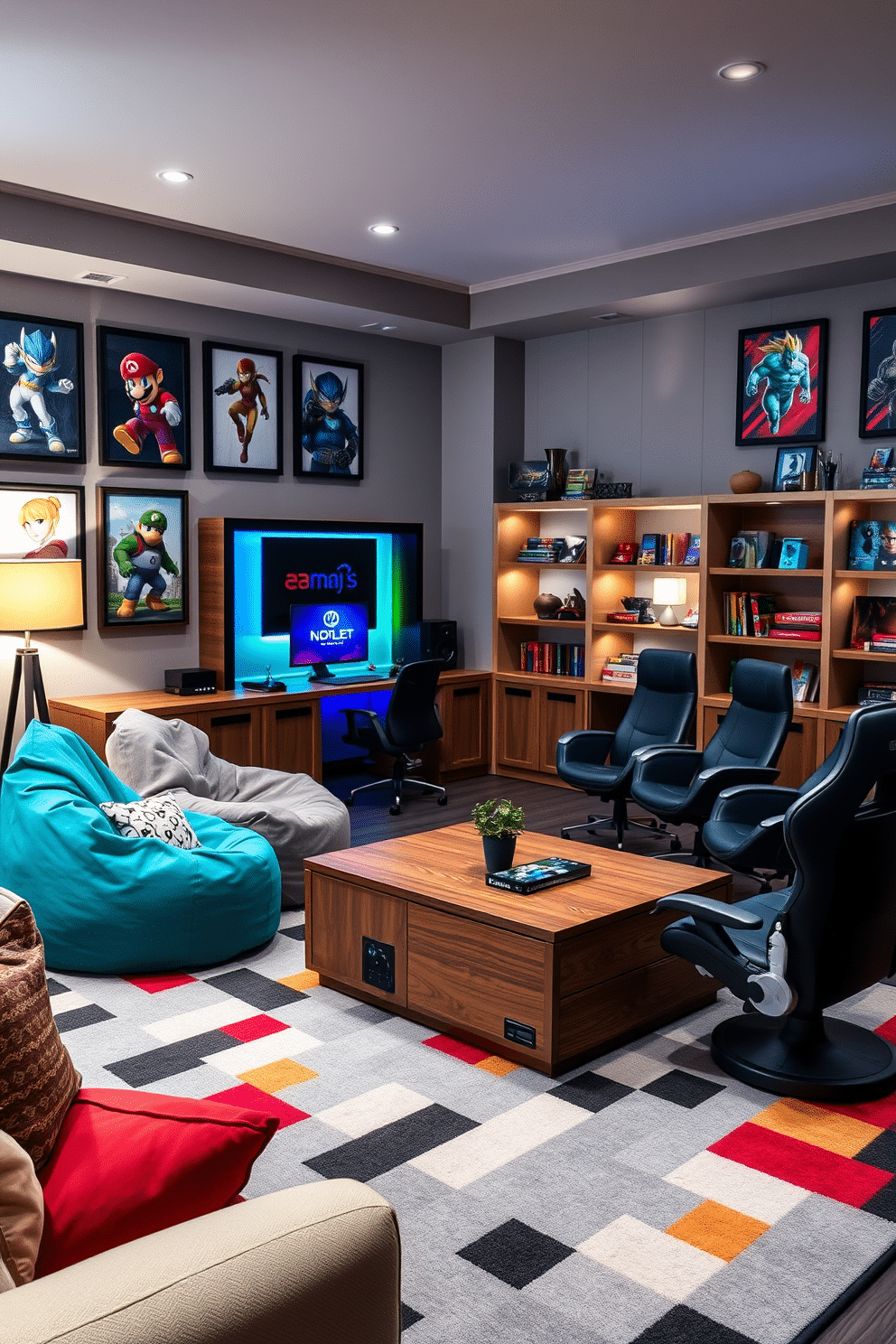 A vibrant game room featuring a custom-built gaming console station with integrated LED lighting, surrounded by plush seating that includes bean bags and modern gaming chairs. The walls are adorned with framed artwork of iconic video game characters, and a large area rug with a pixelated design anchors the space, creating a fun and cohesive atmosphere. Incorporate a multi-functional coffee table that doubles as a game storage unit, complemented by shelves filled with board games and collectibles. Soft, ambient lighting from overhead fixtures and floor lamps enhances the playful vibe, while soundproofing elements ensure an immersive gaming experience.