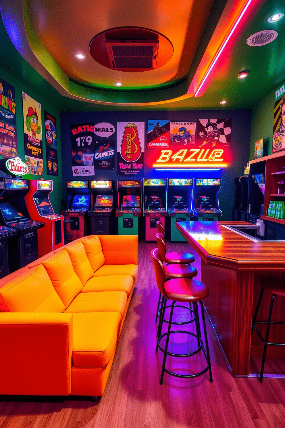 A vibrant game room filled with retro arcade games, featuring a neon color palette that evokes nostalgia. The walls are adorned with vintage posters of classic games, and colorful LED lights illuminate the space, creating an energetic atmosphere. In the center, a large sectional sofa in bright upholstery provides ample seating for friends and family. A polished wooden bar with high stools sits against one wall, stocked with snacks and drinks, perfect for entertaining while enjoying the games.