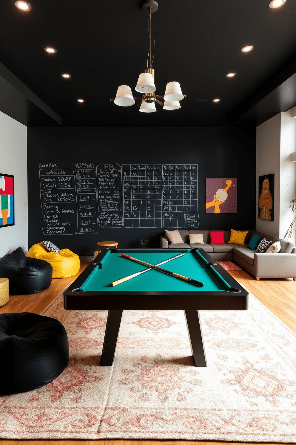 A large game room features a chalkboard wall, perfect for scorekeeping during friendly competitions. The space is filled with comfortable seating options, including oversized bean bags and a sectional sofa, ensuring a relaxed atmosphere for gatherings. The room is adorned with vibrant wall art and playful lighting fixtures that enhance the fun vibe. A sleek pool table takes center stage, surrounded by a stylish rug that ties the design together.