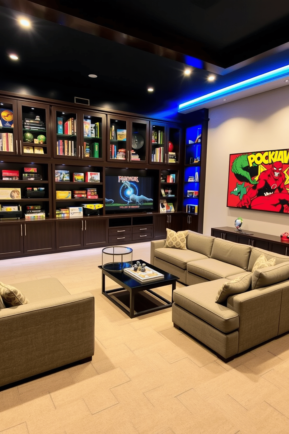 A spacious game room designed for entertainment features wall-mounted storage solutions that cleverly organize games and equipment. The walls are adorned with sleek, custom cabinetry in a dark wood finish, showcasing a variety of board games and gaming accessories. The room includes a large sectional sofa positioned around a central coffee table, creating an inviting area for friends and family to gather. Bright, ambient lighting enhances the playful atmosphere, complemented by vibrant wall art that reflects the spirit of gaming.