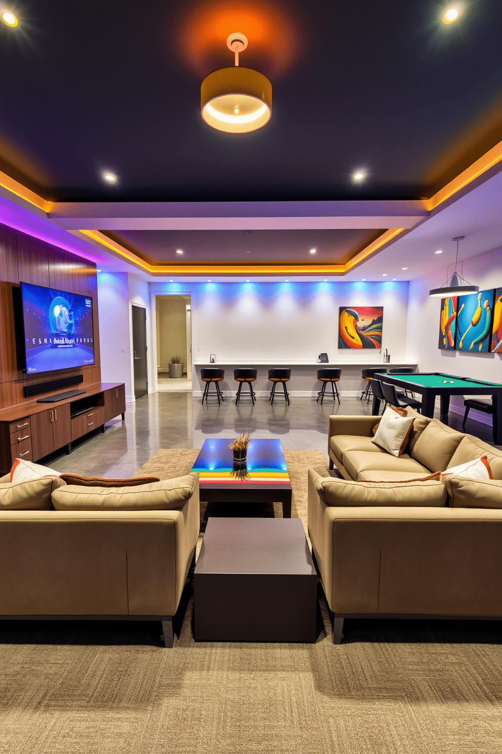 A spacious game room designed for entertainment features a large screen TV mounted on a sleek, modern wall unit. Plush sectional sofas surround a stylish coffee table, creating a cozy atmosphere perfect for movie nights. The game room includes a pool table and a bar area with high stools, enhancing the recreational vibe. Bright, ambient lighting and vibrant artwork on the walls add energy to the space, making it a perfect gathering spot for friends and family.