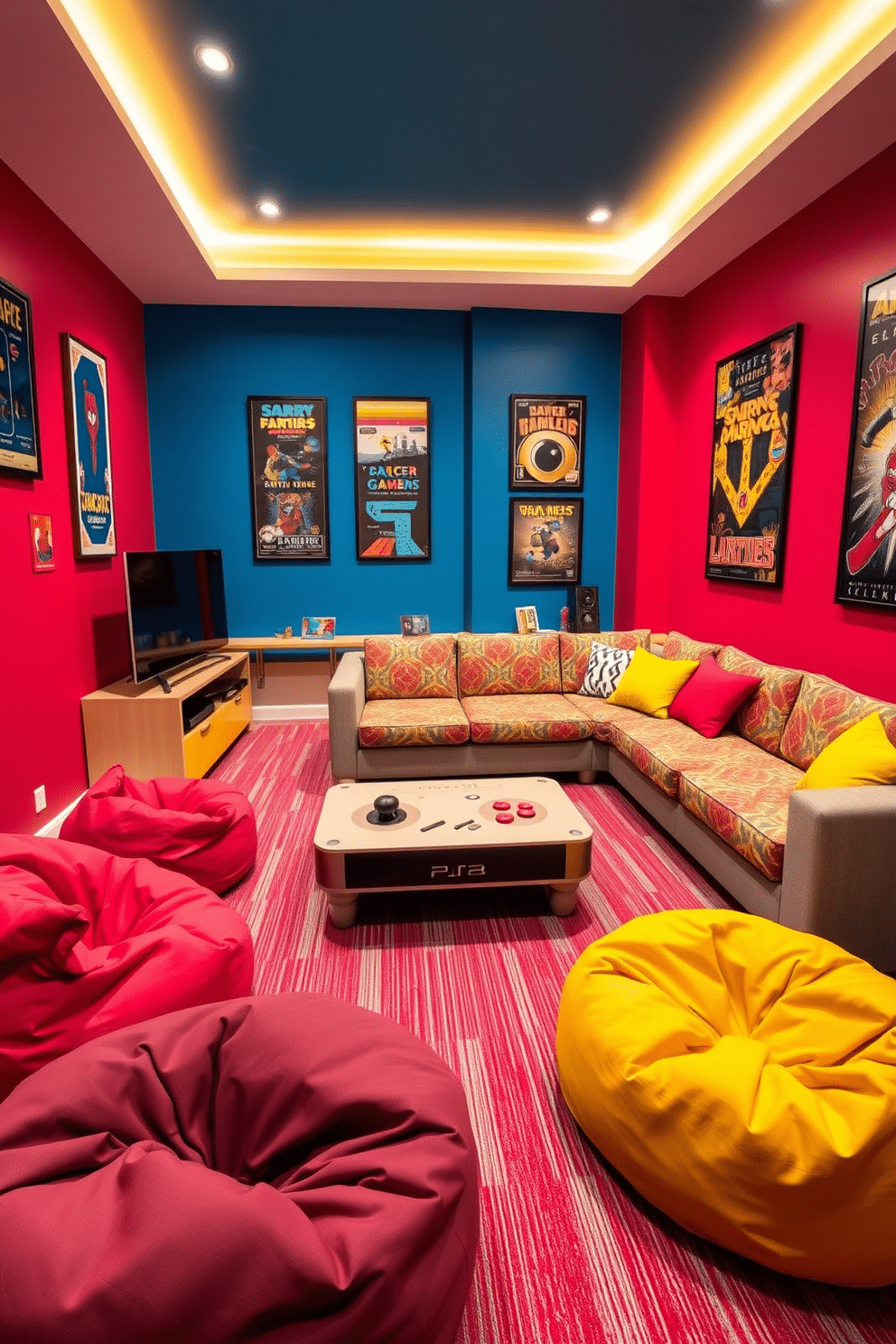 A vibrant game room inspired by classic arcade games, featuring a retro color palette of bright reds, blues, and yellows. The walls are adorned with framed vintage game posters, while a sleek, modern gaming console sits on a low-profile media unit. In the center of the room, a large sectional sofa provides ample seating, upholstered in a fun, patterned fabric that echoes the gaming theme. A custom-built coffee table shaped like a game controller adds a playful touch, surrounded by plush bean bags for a relaxed vibe.