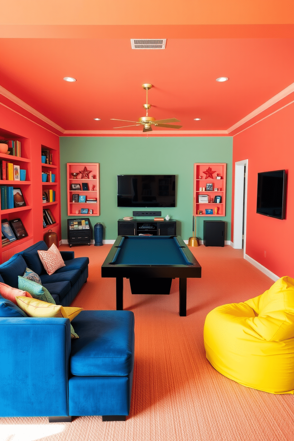 Bright colored walls for vibrant energy. The game room features a spacious layout with oversized furniture in bold hues, including a deep blue sectional and a bright yellow bean bag chair. The walls are painted in a lively coral shade, enhancing the room's cheerful atmosphere. A large wall-mounted TV is framed by colorful shelves filled with games and decor, while a sleek pool table occupies the center of the space.