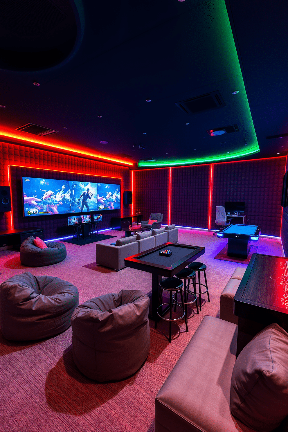 A large game room designed for immersive experiences features soundproof walls that ensure an uninterrupted atmosphere. The space is filled with comfortable seating options, including plush sofas and bean bags, arranged around a central gaming area with multiple screens. The room is accented with vibrant LED lighting that changes color based on the mood of the game. A mini bar with high-top stools and a pool table adds to the entertainment options, creating an inviting space for gatherings.