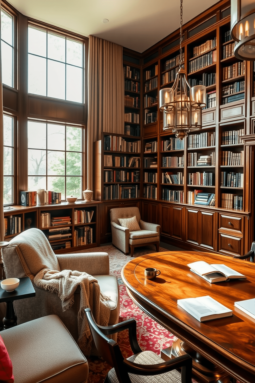 A cozy reading nook by the window features a plush armchair upholstered in soft, textured fabric, accompanied by a small side table holding a steaming cup of tea. Natural light pours in through the large window, illuminating a collection of books neatly arranged on a nearby shelf, while a soft throw blanket drapes over the armchair inviting relaxation. The large home library design includes floor-to-ceiling bookshelves crafted from rich, dark wood, showcasing an extensive collection of novels and decorative items. A central reading area with a grand wooden table and comfortable seating invites gatherings, while elegant lighting fixtures cast a warm glow throughout the space.