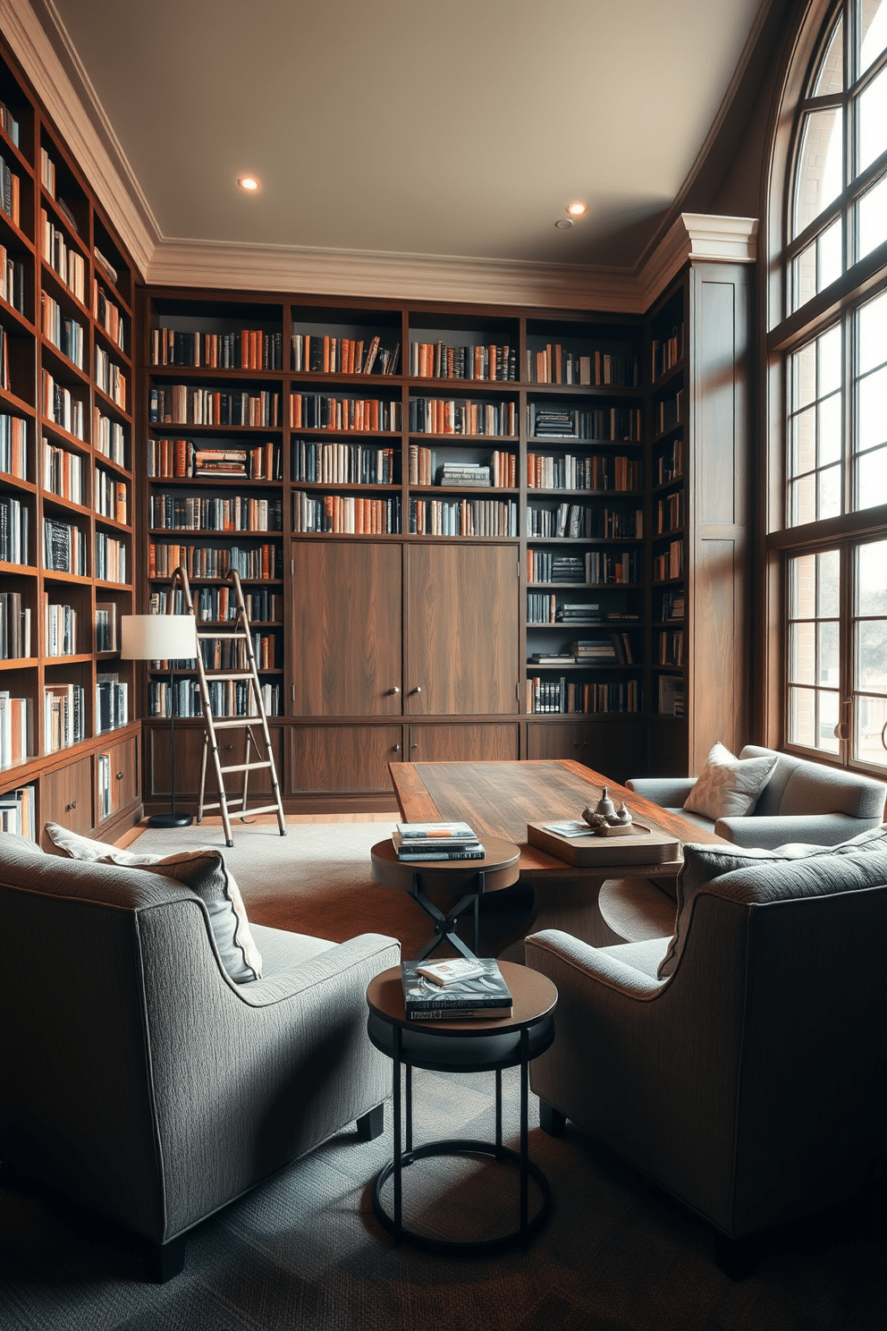 A cozy reading corner features two plush armchairs upholstered in soft, textured fabric, positioned to invite conversation and relaxation. A small, round side table sits between them, adorned with a stack of books and a stylish lamp that provides warm, ambient lighting. The large home library boasts floor-to-ceiling bookshelves filled with a curated collection of books, complemented by a rolling ladder for easy access. A grand wooden table in the center serves as a workspace, surrounded by comfortable seating and large windows that flood the space with natural light.