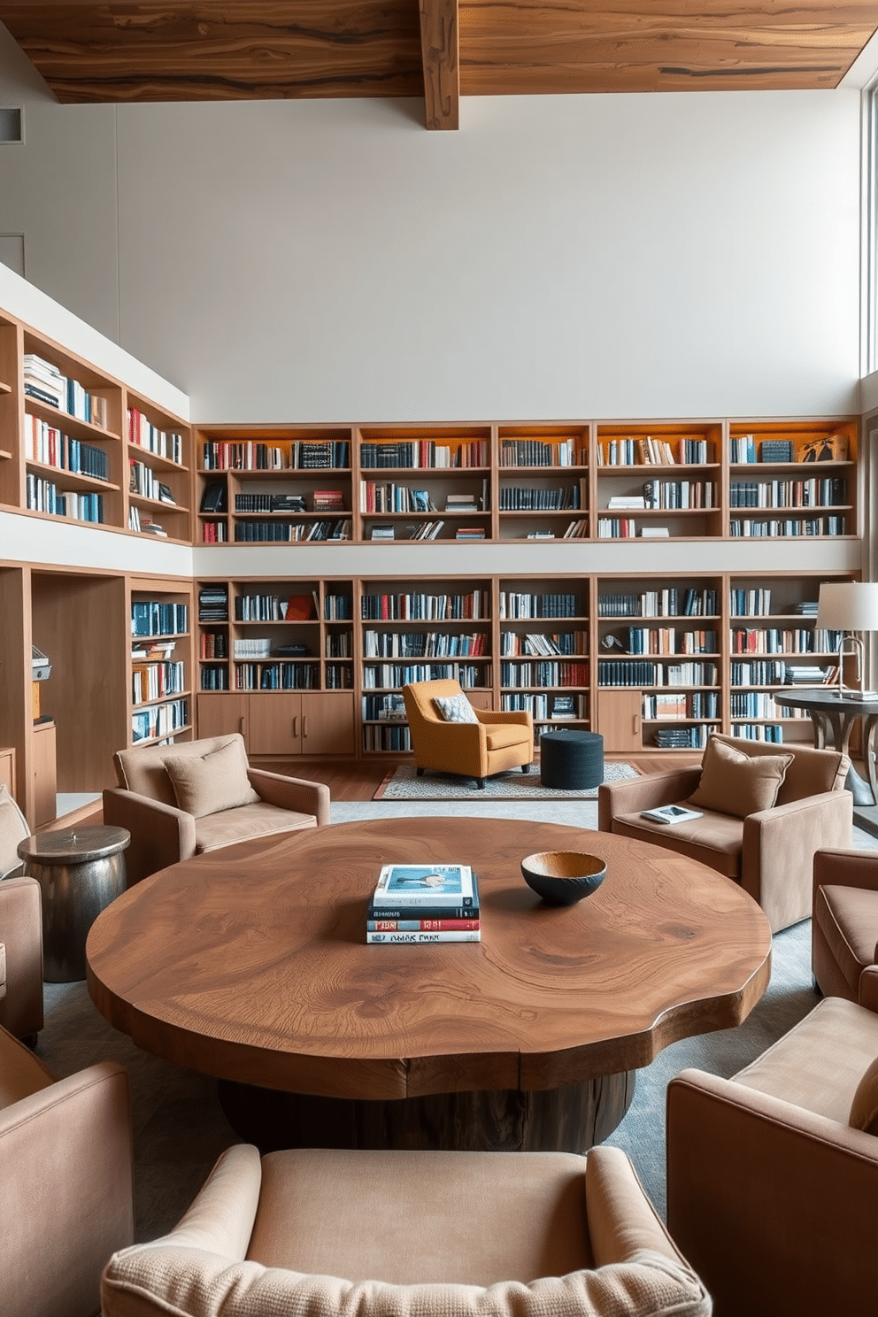 A spacious gathering area featuring a large, round coffee table made of reclaimed wood, surrounded by plush, upholstered chairs in soft earth tones. The table is adorned with a stack of art books and a decorative bowl, creating an inviting atmosphere for conversation and relaxation. An expansive home library designed with floor-to-ceiling bookshelves filled with a curated collection of books, showcasing a blend of classic and contemporary literature. A cozy reading nook is nestled in the corner, complete with a comfortable armchair, a side table for beverages, and warm ambient lighting to enhance the tranquil environment.