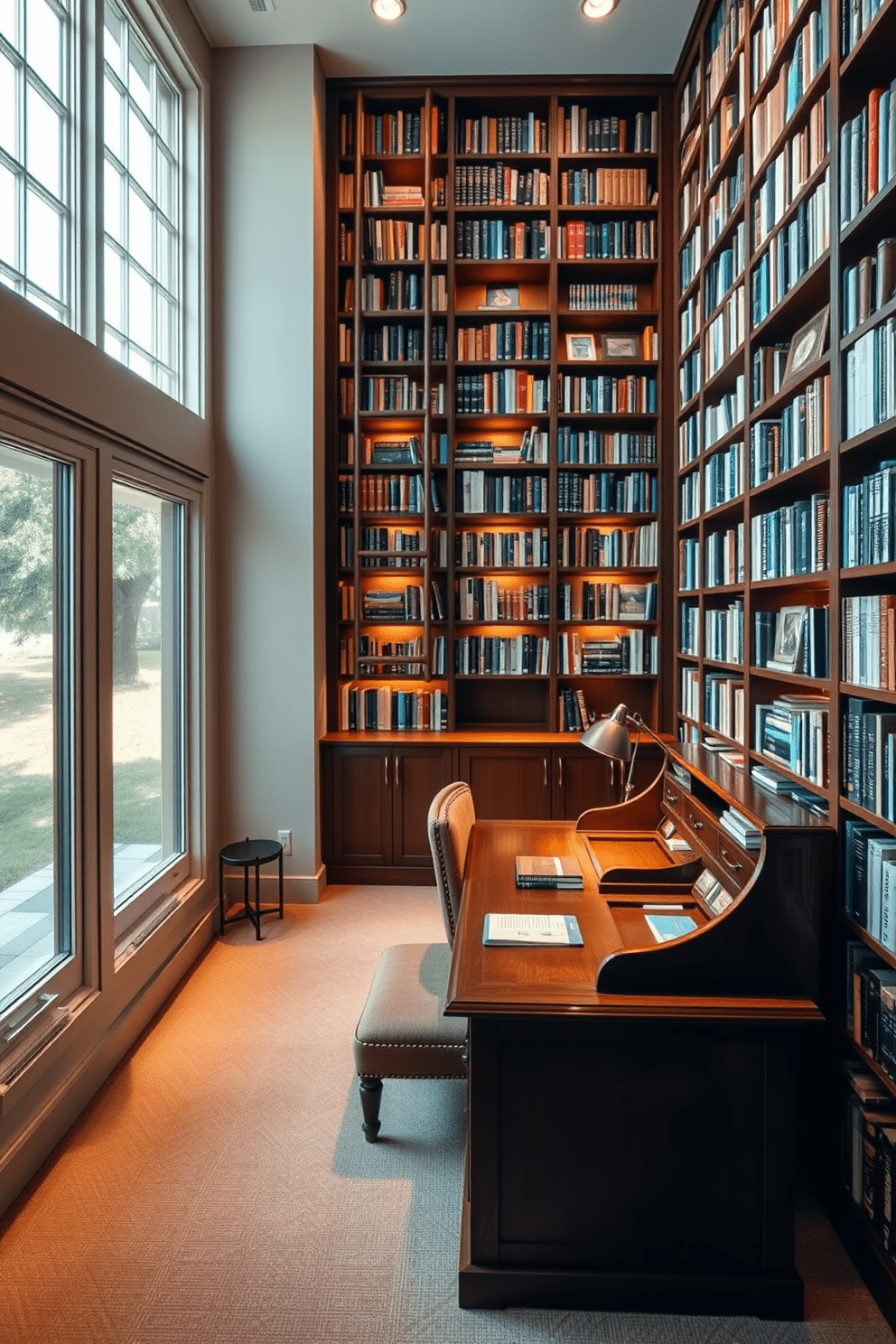 A large home library features floor-to-ceiling bookshelves filled with an extensive collection of books, accented by a cozy reading nook with a plush armchair and a small side table. Soft, warm lighting illuminates the space, highlighting a rich mahogany desk that provides hidden storage compartments for stationery and supplies. Incorporate hidden storage solutions throughout the library, such as built-in cabinets beneath the windows and drawers integrated into the bookshelves. A sliding ladder allows easy access to higher shelves while maintaining a sleek and organized aesthetic.