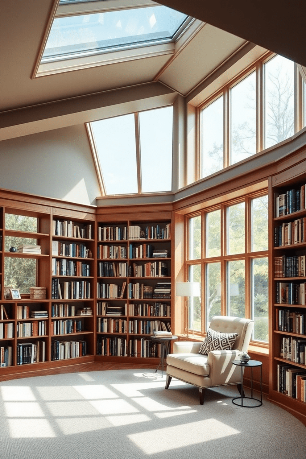 A spacious home library bathed in natural light, featuring large skylights and expansive windows that illuminate the room. Floor-to-ceiling bookshelves line the walls, filled with a curated collection of books, while a cozy reading nook with a plush armchair and a small side table invites relaxation.