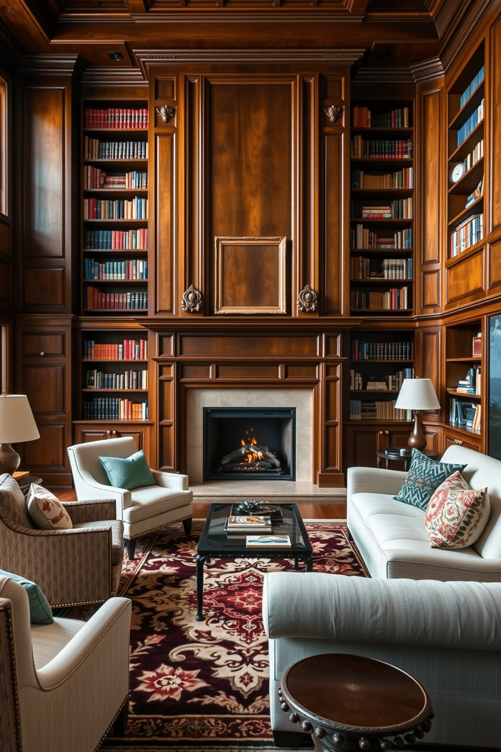 A grand home library featuring a stunning fireplace as the focal point. The fireplace is framed by custom-built bookshelves that reach the ceiling, filled with a mix of classic literature and decorative items. Rich wooden paneling adorns the walls, creating a warm and inviting atmosphere. Plush seating areas with oversized armchairs and a cozy sofa are arranged around a beautifully patterned area rug, encouraging relaxation and reading.