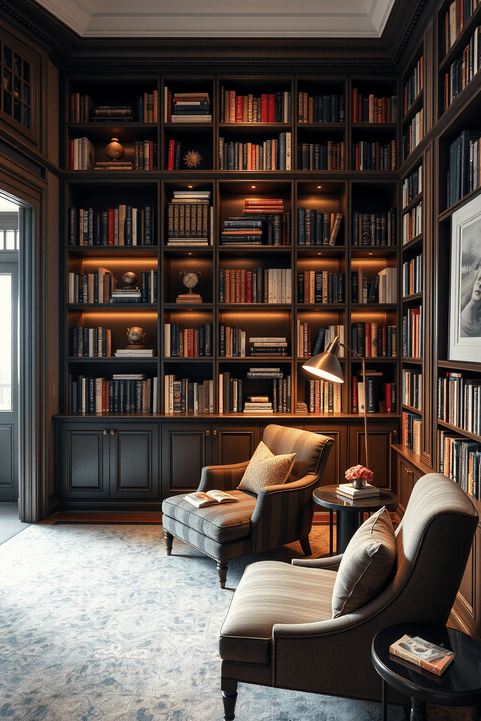 A grand home library featuring a mix of open and closed shelving units that elegantly display books and decorative items. The space is enriched with a cozy reading nook, complete with a plush armchair and a small side table, bathed in warm, ambient lighting from a stylish floor lamp.