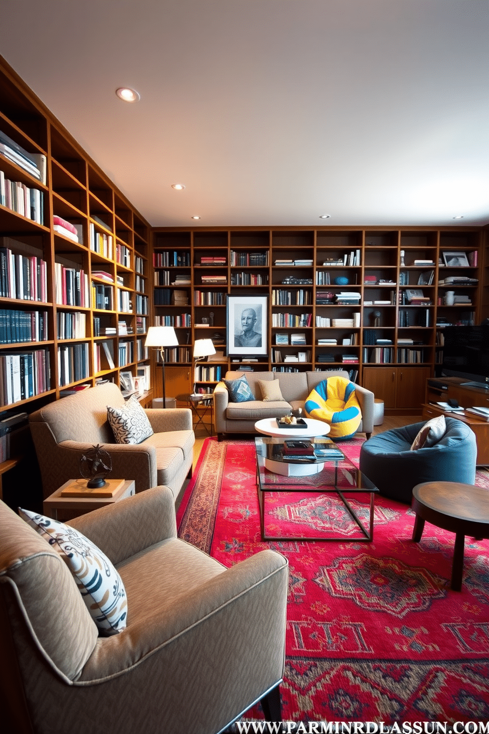 An eclectic home library featuring a blend of vintage and modern furniture styles. A large, plush armchair in a bold pattern sits next to a sleek glass coffee table, while a rustic wooden bookshelf spans the wall, filled with books of varying sizes. In the center, a unique mix of seating options invites relaxation, including a mid-century modern sofa and a colorful bean bag chair. Soft, ambient lighting from a stylish floor lamp creates a cozy atmosphere, while a vibrant area rug ties the room together with warmth and texture.