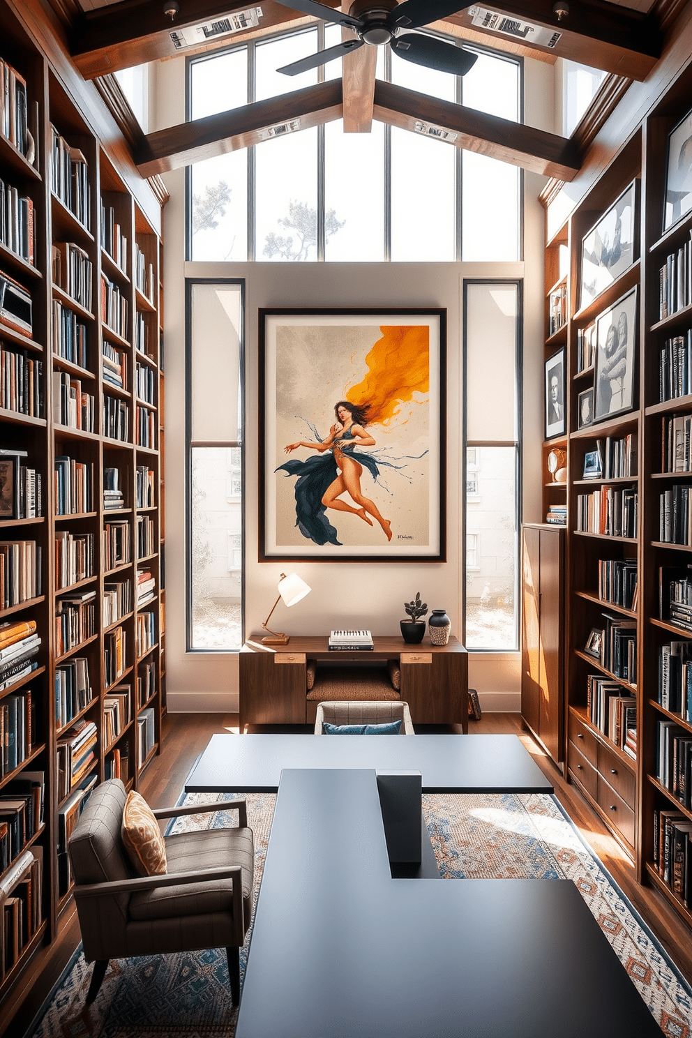 A stunning home library with personalized artwork adorning the walls. The space features tall bookshelves filled with a diverse collection of books, complemented by a cozy reading nook with plush seating. Natural light pours in through large windows, illuminating the rich wood tones of the furniture. A large, framed piece of abstract art hangs above a sleek desk, adding a modern touch to the classic library aesthetic.