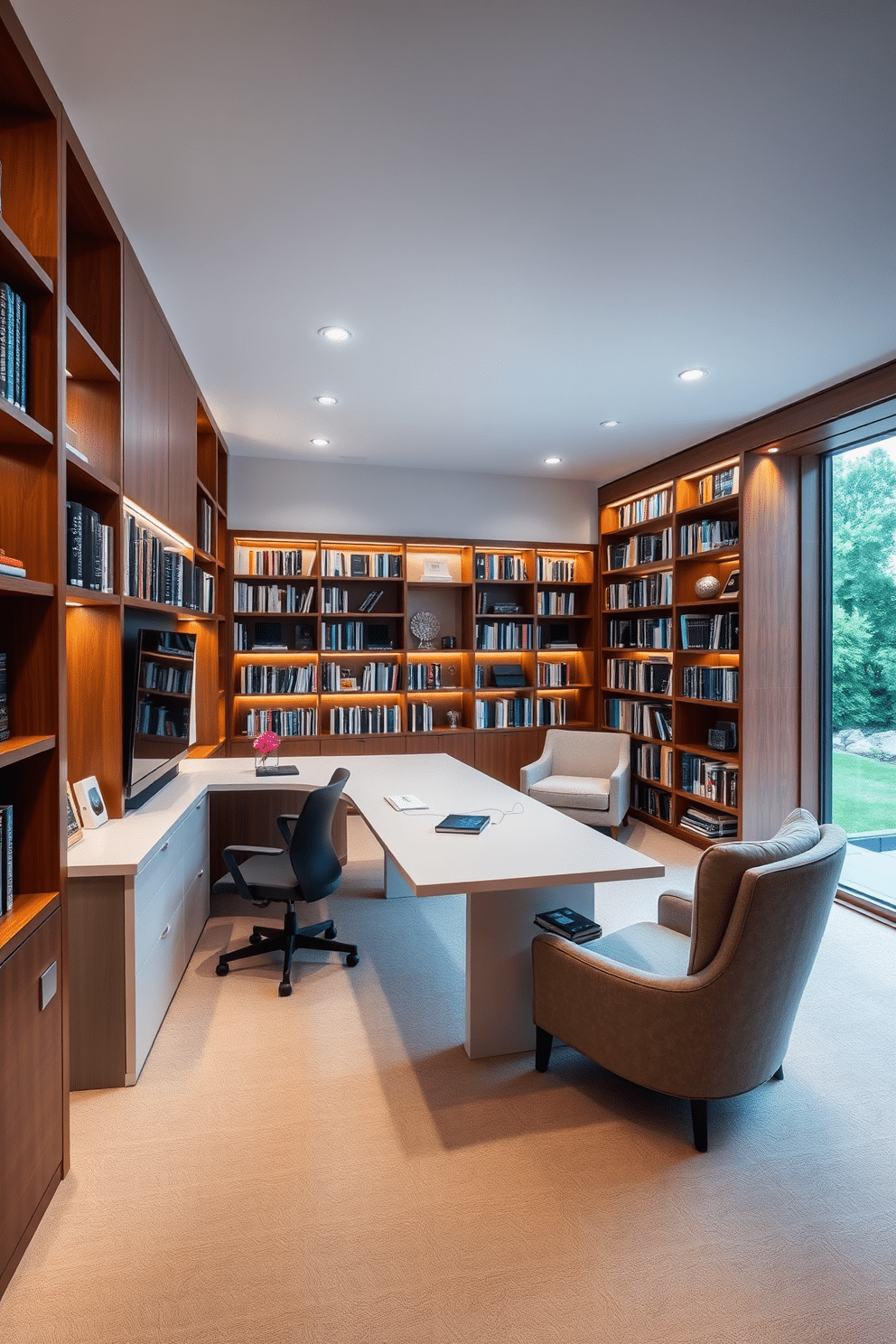 A tech-friendly space features a sleek, modern desk equipped with built-in charging stations for devices. The room is illuminated by smart lighting that can be adjusted for different moods, and a comfortable lounge chair is placed nearby for relaxation. The large home library is designed with floor-to-ceiling bookshelves made of rich mahogany, filled with an extensive collection of books. A cozy reading nook with a plush armchair and a small side table is situated by a large window that offers natural light and a view of the garden.