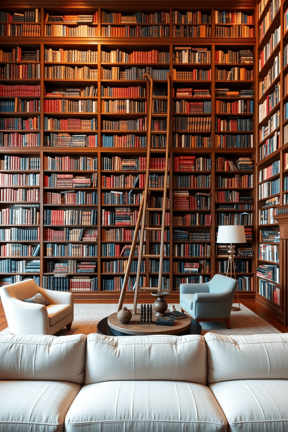 A grand home library featuring floor-to-ceiling bookshelves filled with an extensive collection of books. A stylish wooden ladder leans against the shelves, providing access to the higher volumes, while plush seating areas invite relaxation and reading.