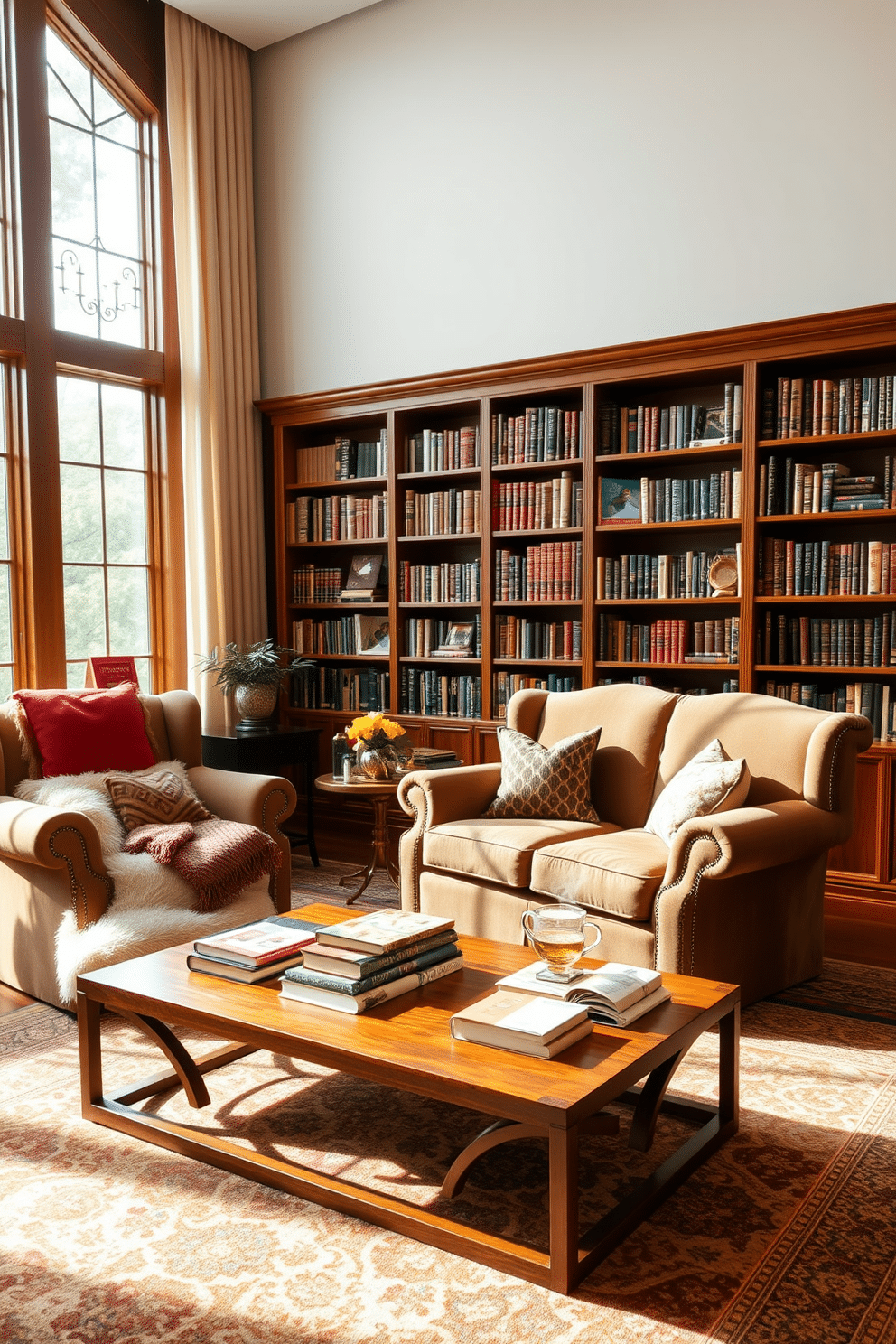 A warm and inviting home library filled with plush, oversized armchairs and a rich, wooden bookshelf that spans the entire wall. Soft, cozy blankets and an array of decorative pillows are scattered across the seating, inviting readers to settle in with a good book. The library features large windows that let in natural light, adorned with sheer curtains that gently diffuse the sunlight. A large area rug anchors the space, providing additional comfort and warmth, while a stylish coffee table holds a selection of well-loved novels and a steaming cup of tea.