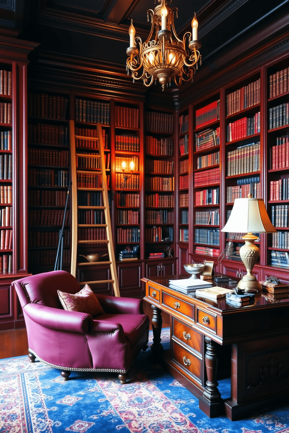 A grand home library adorned in rich, deep hues of burgundy and navy blue creates a dramatic and inviting atmosphere. Towering bookshelves filled with leather-bound volumes line the walls, while a plush, oversized armchair in a complementary color invites readers to settle in with a good book. A striking, antique wooden ladder leans against the shelves, adding a touch of elegance and functionality. The warm glow of a vintage chandelier casts soft light over a beautiful mahogany desk, complete with a classic desk lamp and decorative accessories that enhance the sophisticated ambiance.