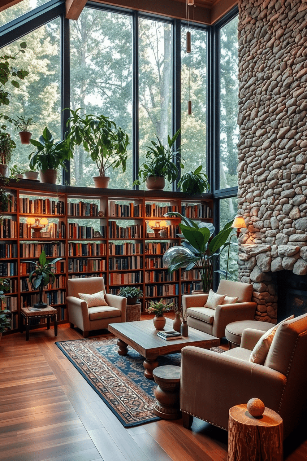 A spacious home library featuring large windows that invite natural light, adorned with indoor plants for an outdoor-inspired ambiance. The shelves are filled with an extensive collection of books, complemented by cozy reading nooks with plush armchairs and a rustic wooden coffee table. The design incorporates earthy tones and textures, with a wooden floor and a stone accent wall to enhance the fresh, natural feel. Soft lighting fixtures are strategically placed to create a warm and inviting atmosphere, perfect for reading and relaxation.