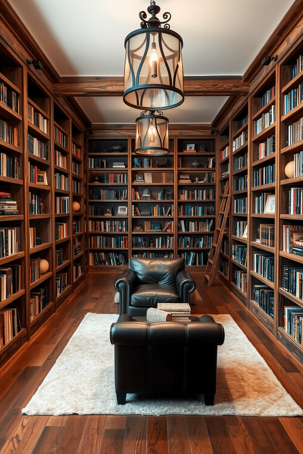 A large home library that exudes rustic charm features reclaimed wood accents throughout. The walls are lined with floor-to-ceiling bookshelves made of weathered timber, showcasing a collection of books and decorative items. In the center, a large, comfortable leather armchair invites reading, complemented by a vintage wooden ladder for easy access to higher shelves. Warm lighting from wrought iron fixtures casts a cozy glow, while a plush area rug adds texture to the hardwood floor.