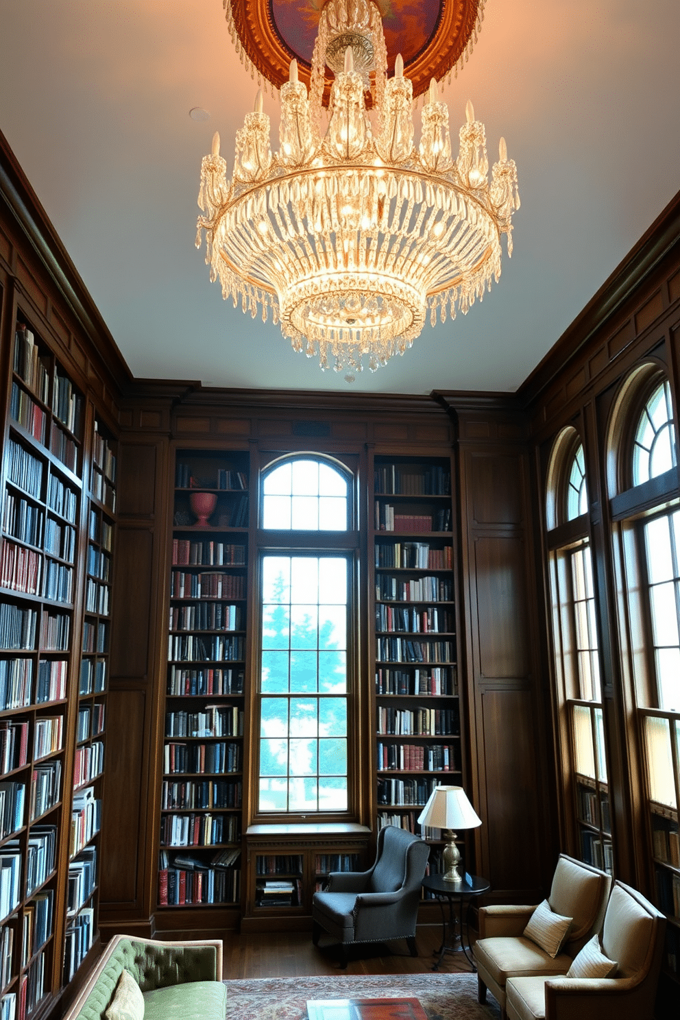 A statement chandelier hangs majestically from the ceiling, with intricate crystal details that refract light beautifully throughout the room. Below, a plush seating area invites readers to relax, surrounded by towering bookshelves filled with an extensive collection of literature. The library features rich wood paneling that adds warmth and sophistication to the space. Large windows allow natural light to flood in, highlighting a cozy reading nook with a comfortable armchair and a small side table.