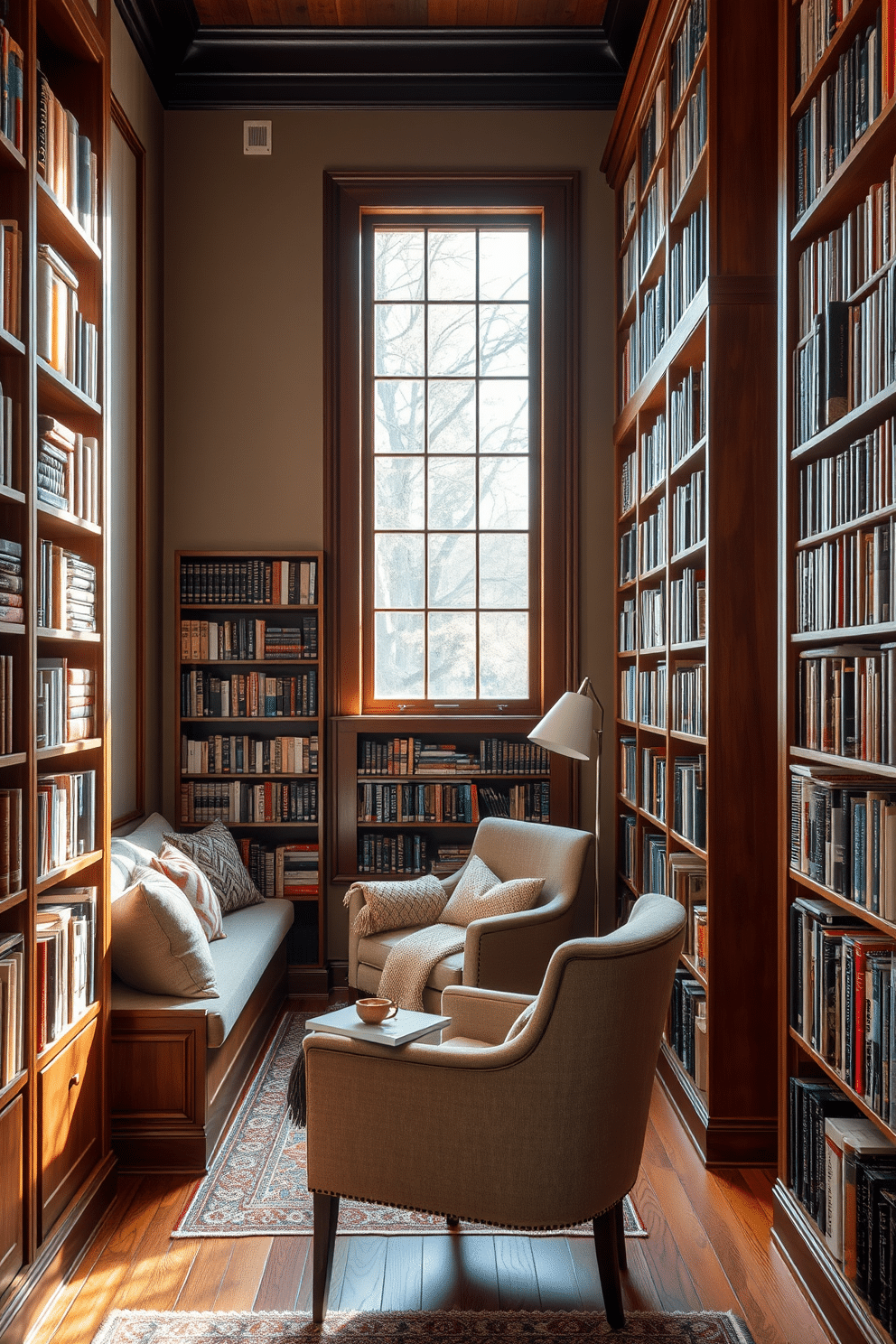 A cozy reading alcove features built-in seating with plush cushions and a soft throw blanket, nestled beneath a large window that allows natural light to flood the space. Surrounding the alcove, shelves lined with books create a warm and inviting atmosphere, while a small side table holds a steaming cup of tea. The home library is designed with rich wooden bookshelves that reach from floor to ceiling, showcasing an extensive collection of literature. A comfortable armchair sits in the center, paired with a stylish reading lamp, creating the perfect nook for leisurely reading or study.