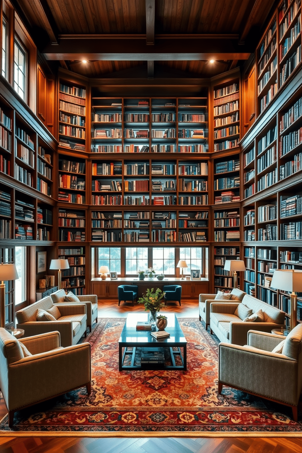 A large home library featuring curated book collections displayed on elegant wooden shelves that reach from floor to ceiling. Plush seating areas with comfortable armchairs and a central coffee table create an inviting space for reading and relaxation. Soft, ambient lighting highlights the books while large windows allow natural light to flood the room, enhancing the warm wood tones. A rich, patterned area rug anchors the seating area, adding a touch of sophistication to the overall design.