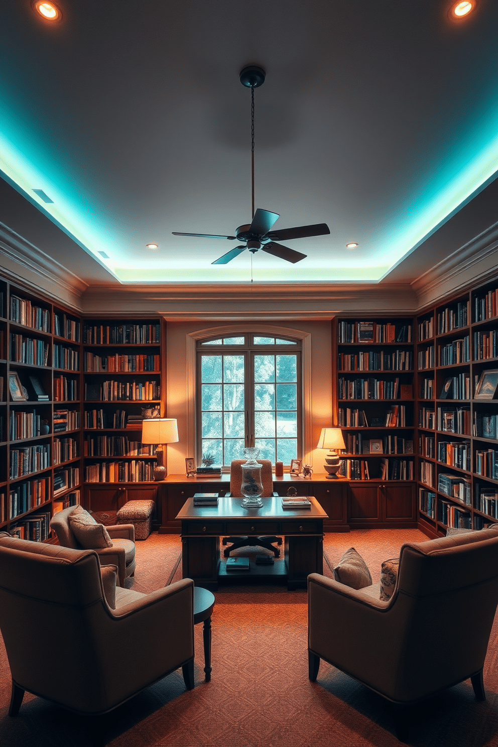 A large home library with soft, ambient lighting creates a welcoming atmosphere. The room features floor-to-ceiling bookshelves filled with an array of books, complemented by a cozy reading nook with plush armchairs and a small side table. Warm light fixtures are strategically placed to illuminate the space without being harsh. A rich wooden desk sits in the center, surrounded by decorative items and a large window that allows natural light to filter in softly.