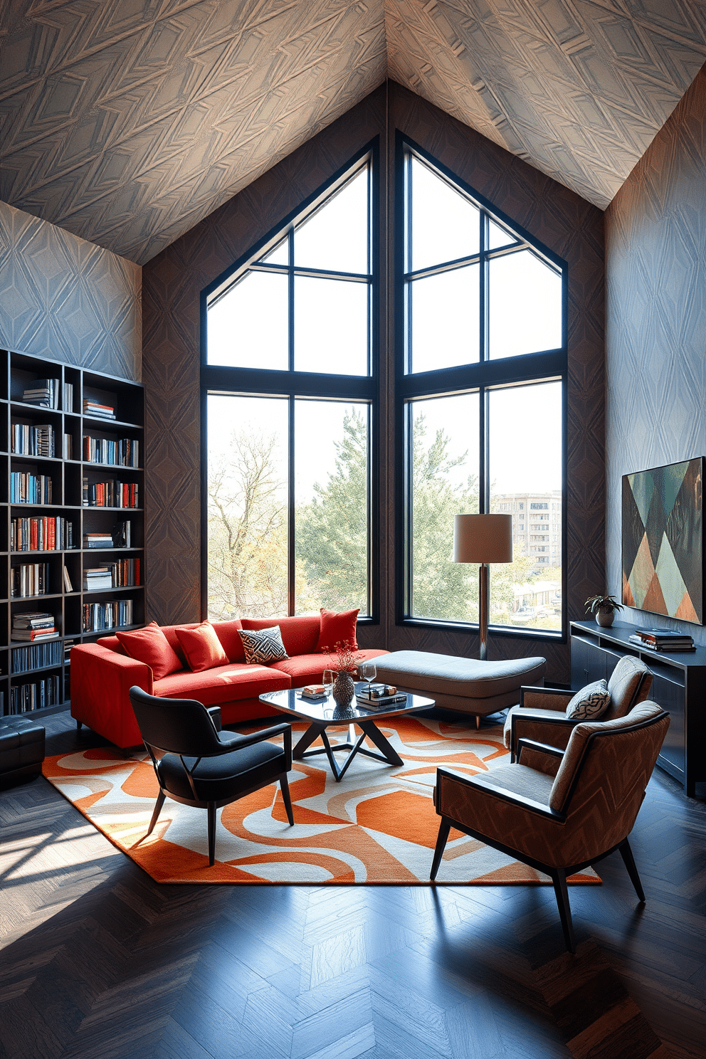 A contemporary home library featuring geometric patterns on the walls, with a sleek, modular shelving system that displays books and decorative items. The seating area includes a plush, angular sofa in a bold color, accented by a geometric area rug that ties the space together. Large floor-to-ceiling windows allow natural light to flood the room, highlighting the intricate patterns in the furnishings and decor. A stylish coffee table with a geometric design sits in the center, surrounded by modern accent chairs that complement the overall aesthetic.