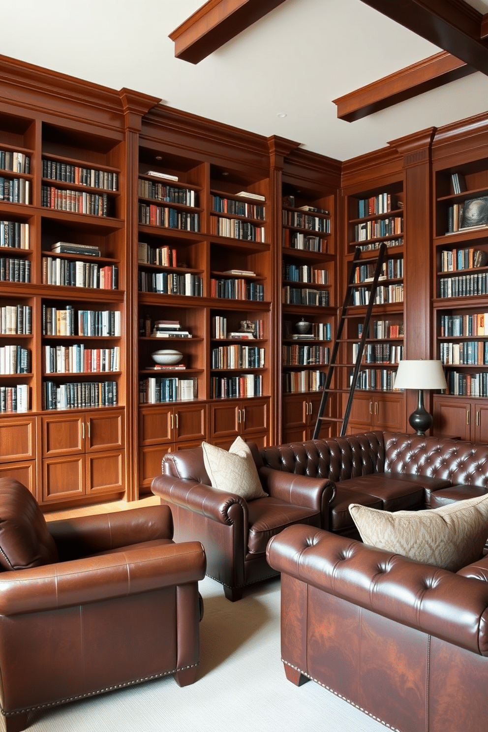 Elegant leather seating for comfort. The room features deep brown leather armchairs paired with a plush, oversized sectional sofa, creating a cozy yet sophisticated atmosphere. Large Home Library Design Ideas. Floor-to-ceiling bookshelves made of rich mahogany line the walls, filled with an extensive collection of books, while a sleek ladder provides access to the upper shelves.