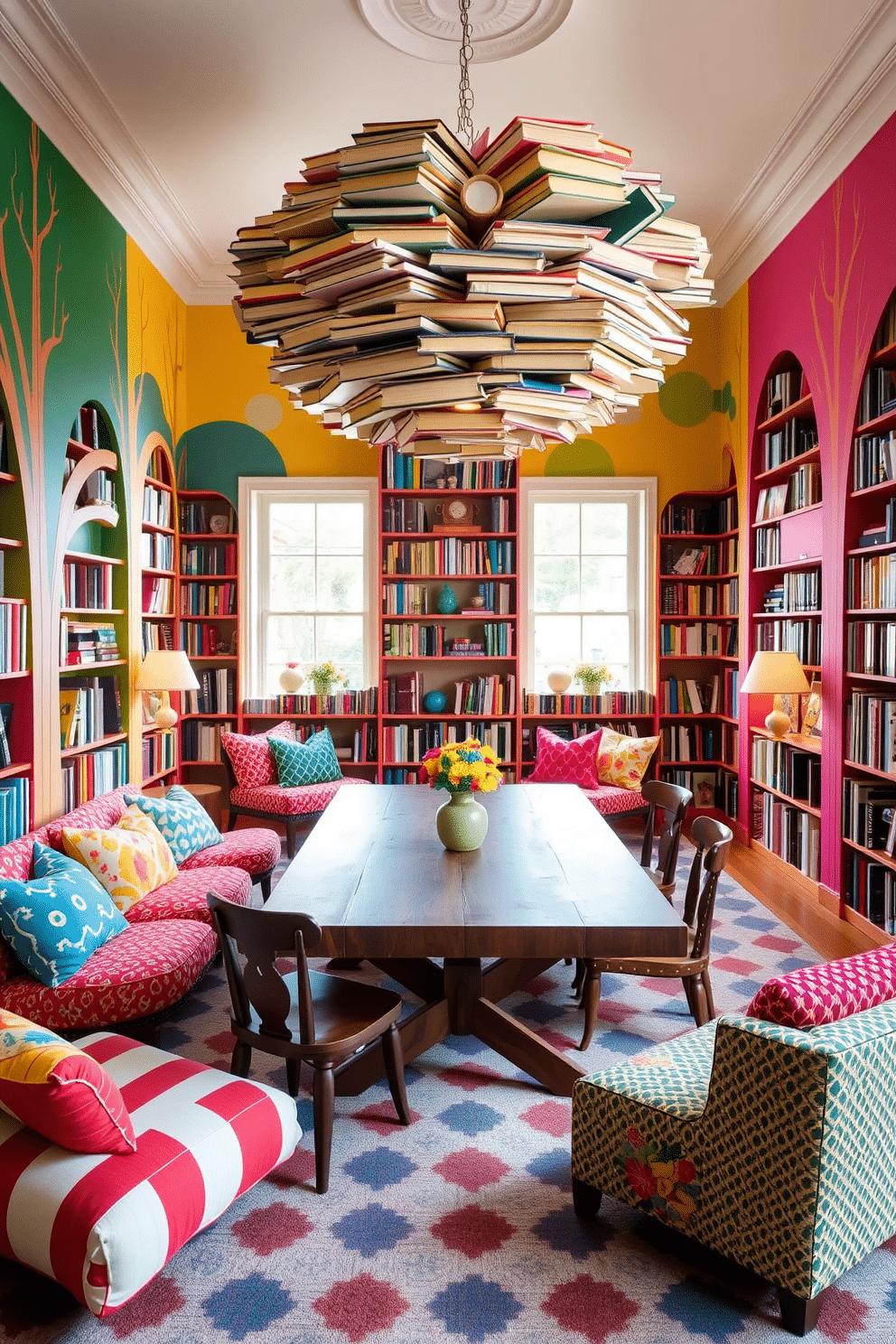 A whimsical home library filled with playful decor elements. Colorful bookcases shaped like trees line the walls, and oversized cushions in vibrant patterns create cozy reading nooks. A large wooden table sits in the center, surrounded by mismatched chairs that add character. Above, a whimsical chandelier resembling a cluster of oversized books provides soft, warm lighting, enhancing the inviting atmosphere.