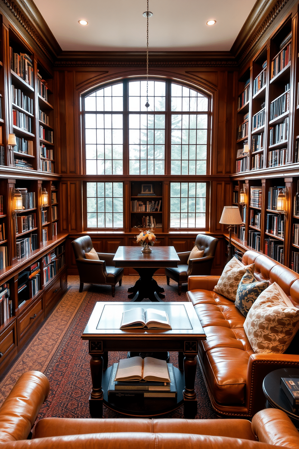 A large home library with warm wood tones creates an inviting and classic atmosphere. The shelves are filled with books, and a rich, dark wood library table sits in the center, surrounded by plush leather chairs for comfortable reading. Soft, ambient lighting from elegant sconces highlights the wood grain and adds warmth to the space. A cozy reading nook with a large window features a cushioned bench, adorned with decorative pillows, inviting you to curl up with a good book.