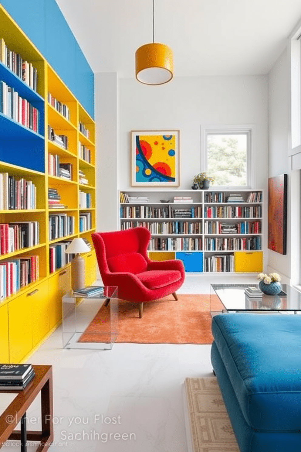 A large home library with bright accent colors that create a modern flair. The walls are painted in a crisp white, while vibrant blue and yellow bookshelves add a pop of color, showcasing a diverse collection of books. A cozy reading nook features a plush, oversized chair in a bold red hue, paired with a sleek glass side table. Large windows allow natural light to flood the space, highlighting the colorful artwork that adorns the walls.