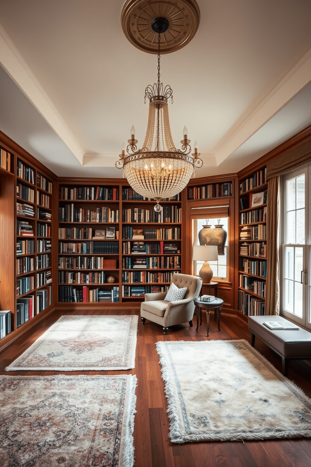 A cozy home library featuring soft area rugs that add warmth to the space. The room is lined with floor-to-ceiling bookshelves filled with an extensive collection of books, and a plush armchair is nestled in a reading nook by a large window. The color palette includes rich wooden tones and warm neutrals, creating an inviting atmosphere. A large, ornate chandelier hangs from the ceiling, providing ample light for reading and enhancing the library's elegant ambiance.