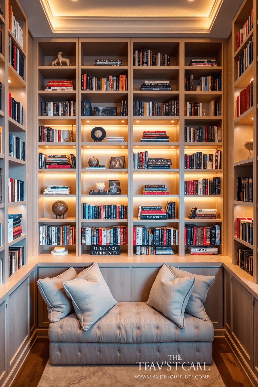 A large home library featuring built-in shelves that stretch from floor to ceiling, showcasing a variety of books and decorative items. Integrated lighting highlights the shelves, creating a warm and inviting atmosphere, while a cozy reading nook with plush seating is nestled in one corner, adorned with soft throw pillows.