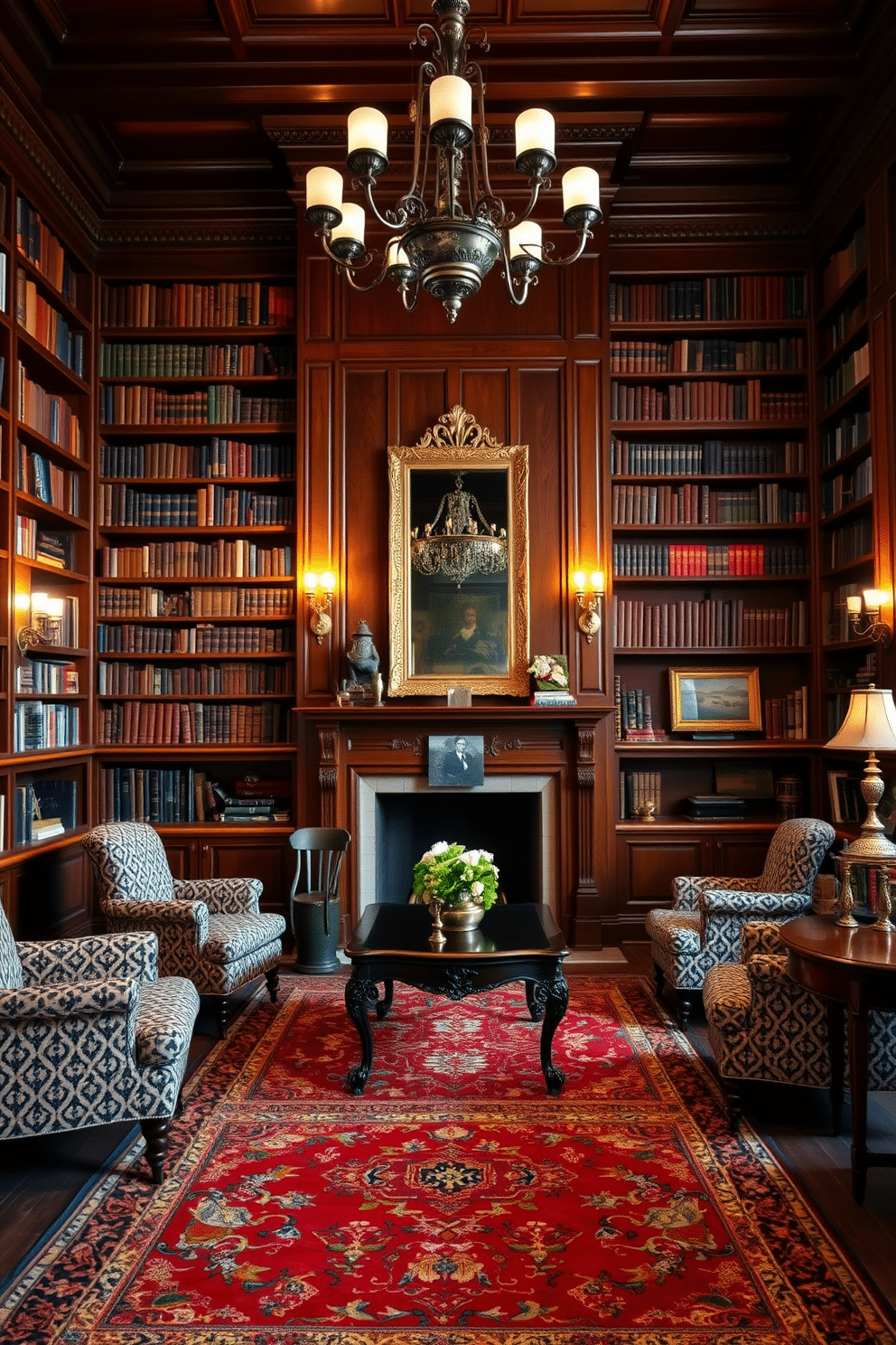 A vintage decor setting featuring a large home library with rich wooden bookshelves that stretch from floor to ceiling. Plush, patterned armchairs are positioned near a grand fireplace, with a classic Persian rug anchoring the space. The walls are adorned with framed artwork and antique mirrors, creating an inviting atmosphere. Soft, ambient lighting from ornate sconces and a vintage chandelier enhances the timeless elegance of the room.