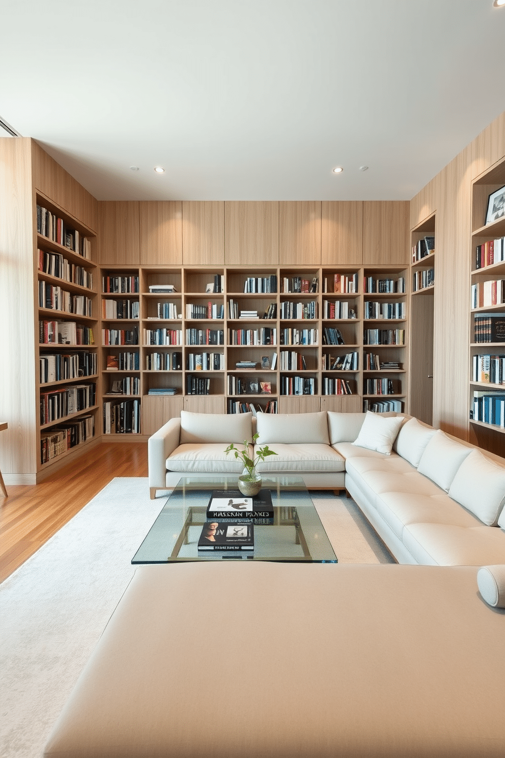 A spacious home library featuring minimalist design with sleek lines. Floor-to-ceiling bookshelves made of light wood create an airy feel, while a large, modern sectional sofa in neutral tones invites relaxation. A sleek glass coffee table sits at the center, adorned with a few carefully selected art books and a small potted plant. Soft, ambient lighting from recessed fixtures highlights the minimalist decor, creating a warm and inviting atmosphere.