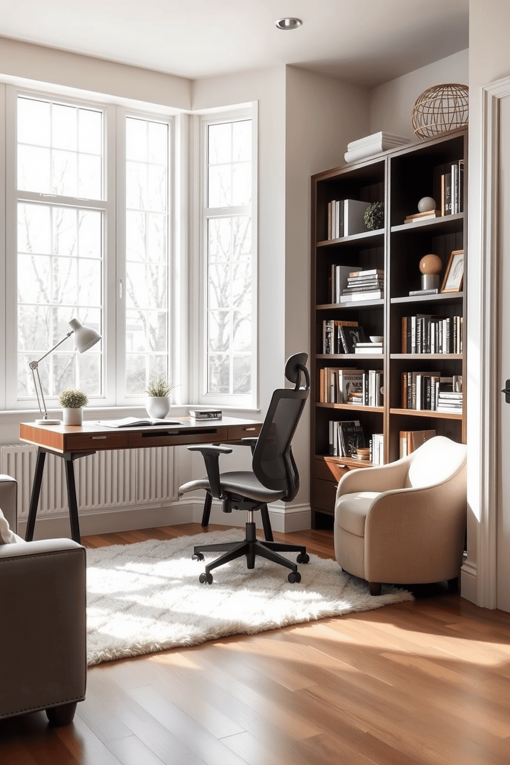 A spacious home office featuring a modern desk with a sleek design and an ergonomic chair for optimal comfort. The room is bright and airy, with large windows allowing natural light to flood in, complemented by soft, neutral-colored walls. To the right of the desk, a stylish bookshelf filled with books and decorative items adds personality to the space. A plush area rug underfoot enhances the cozy atmosphere, while a small potted plant on the desk brings a touch of nature indoors.