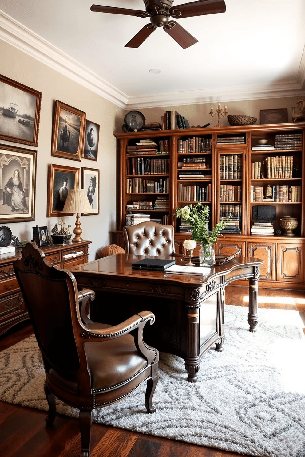 A spacious home office featuring vintage furniture pieces that exude character. The room includes a large wooden desk with intricate carvings, paired with a classic leather chair that adds a touch of elegance. The walls are adorned with framed vintage artwork, and a plush area rug anchors the space. A tall bookshelf filled with antique books and decorative items adds warmth and personality to the design.